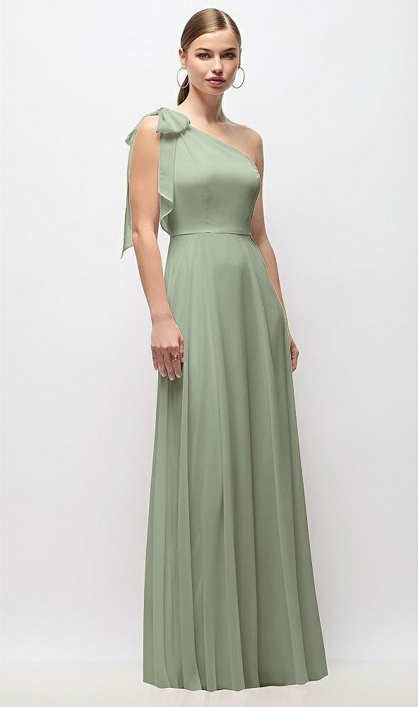 Front View - Sage Draped One-Shoulder Maxi Dress with Scarf Bow