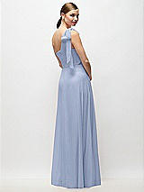 Rear View Thumbnail - Sky Blue Draped One-Shoulder Maxi Dress with Scarf Bow