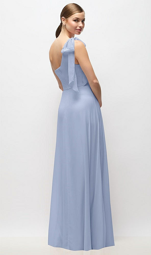 Back View - Sky Blue Draped One-Shoulder Maxi Dress with Scarf Bow
