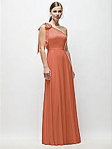 Front View Thumbnail - Terracotta Copper Draped One-Shoulder Maxi Dress with Scarf Bow