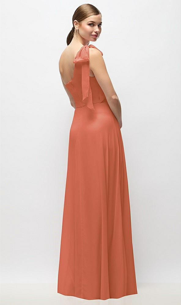 Back View - Terracotta Copper Draped One-Shoulder Maxi Dress with Scarf Bow