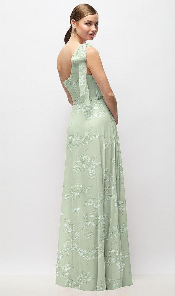Back View - Vintage Primrose Sage Draped One-Shoulder Maxi Dress with Scarf Bow