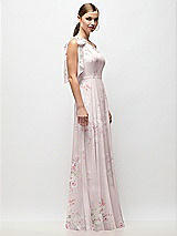 Side View Thumbnail - Watercolor Print Draped One-Shoulder Maxi Dress with Scarf Bow