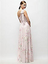 Rear View Thumbnail - Watercolor Print Draped One-Shoulder Maxi Dress with Scarf Bow