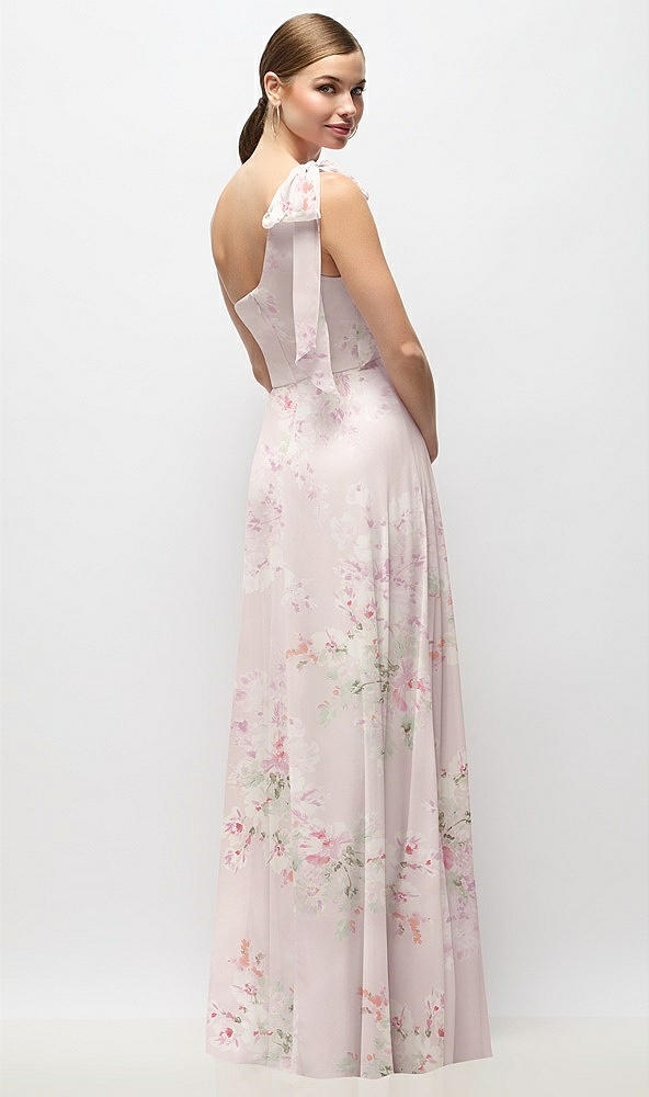 Back View - Watercolor Print Draped One-Shoulder Maxi Dress with Scarf Bow