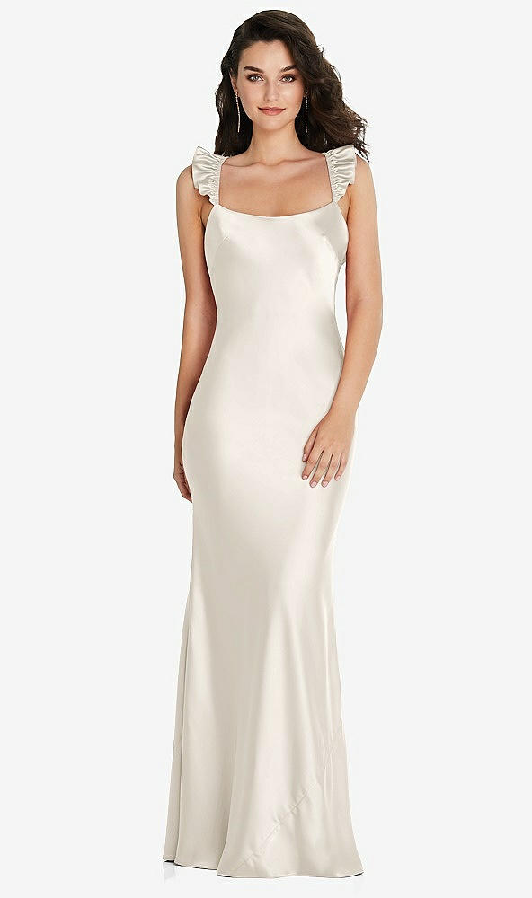 Back View - Ivory Ruffle Trimmed Open-Back Maxi Slip Dress
