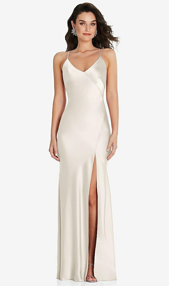 Front View - Ivory V-Neck Convertible Strap Bias Slip Dress with Front Slit