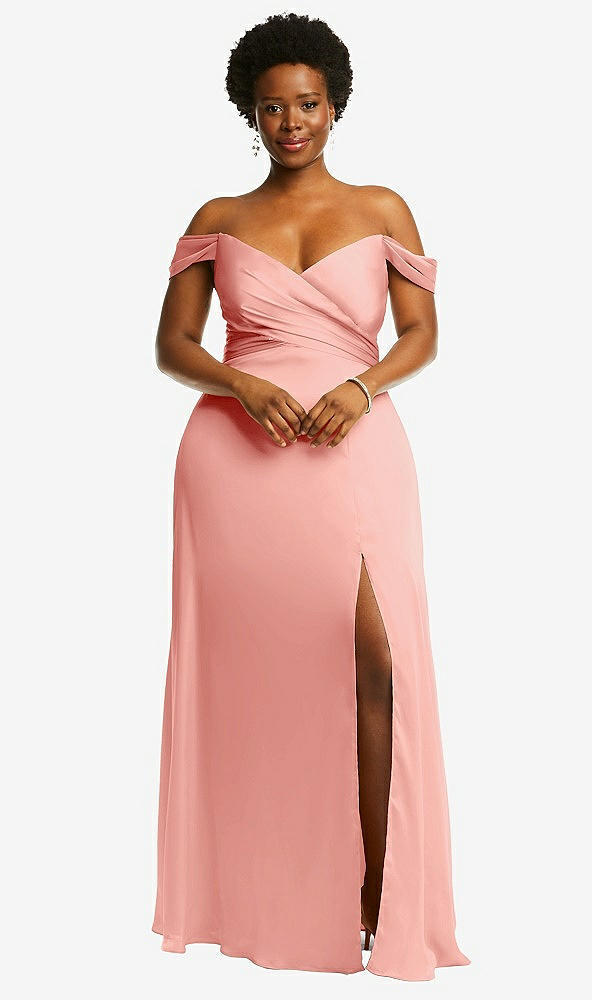 Front View - Rose Off-the-Shoulder Flounce Sleeve Empire Waist Gown with Front Slit