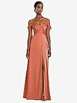 Alt View 1 Thumbnail - Terracotta Copper Off-the-Shoulder Flounce Sleeve Empire Waist Gown with Front Slit