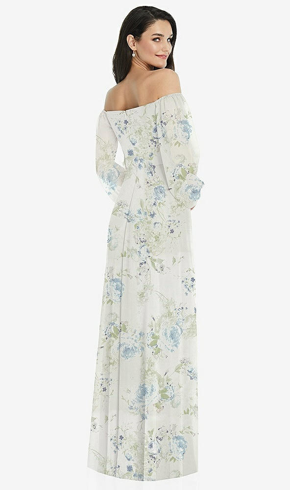 Back View - Bleu Garden Off-the-Shoulder Puff Sleeve Maxi Dress with Front Slit