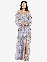 Side View Thumbnail - Butterfly Botanica Silver Dove Off-the-Shoulder Puff Sleeve Maxi Dress with Front Slit