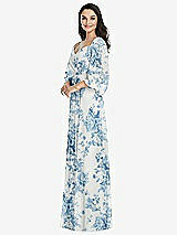 Front View Thumbnail - Cottage Rose Dusk Blue Off-the-Shoulder Puff Sleeve Maxi Dress with Front Slit