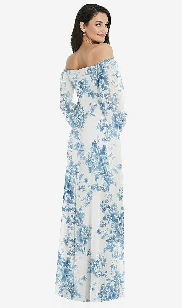 Back View - Cottage Rose Dusk Blue Off-the-Shoulder Puff Sleeve Maxi Dress with Front Slit
