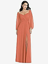 Alt View 1 Thumbnail - Terracotta Copper Off-the-Shoulder Puff Sleeve Maxi Dress with Front Slit