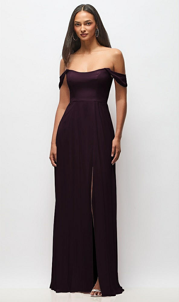 Front View - Deep Plum Off-the-Shoulder Basque Neck Maxi Dress with Flounce Sleeves