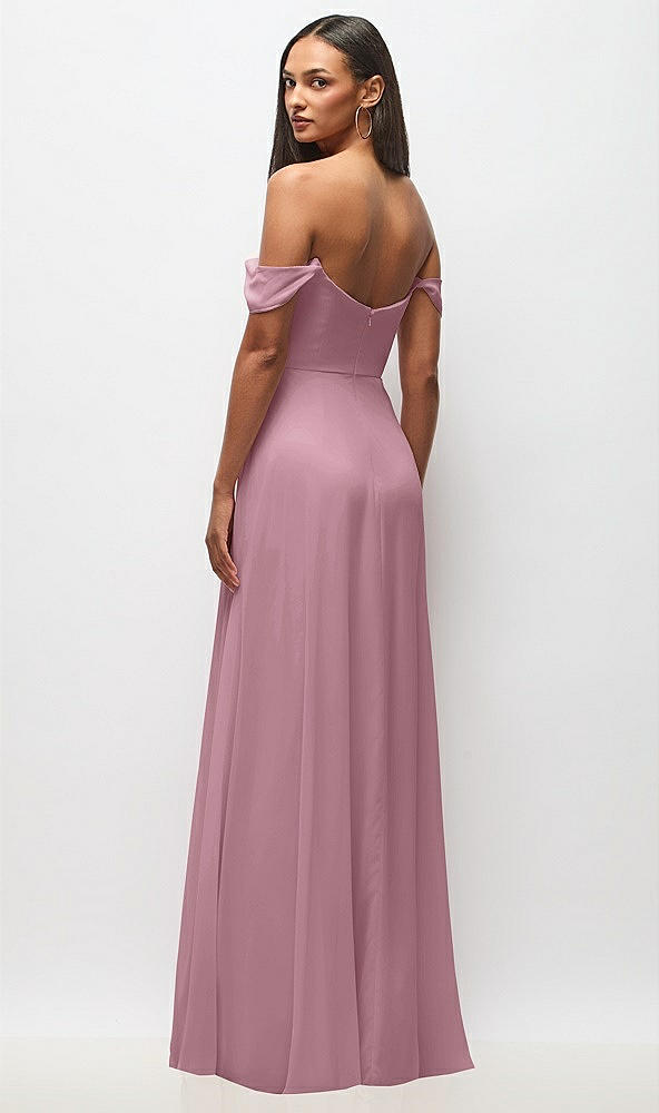 Back View - Dusty Pink Off-the-Shoulder Basque Neck Maxi Dress with Flounce Sleeves