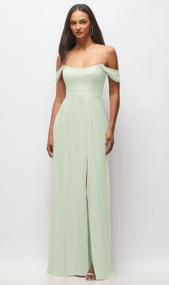 Front View - Mint Green Off-the-Shoulder Basque Neck Maxi Dress with Flounce Sleeves