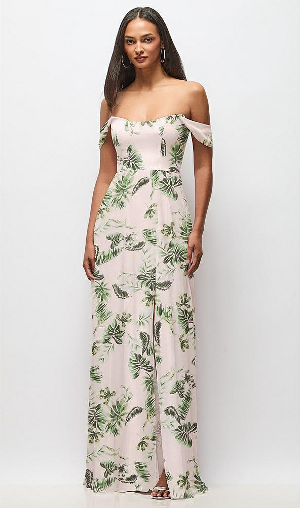 Front View - Palm Beach Print Off-the-Shoulder Basque Neck Maxi Dress with Flounce Sleeves