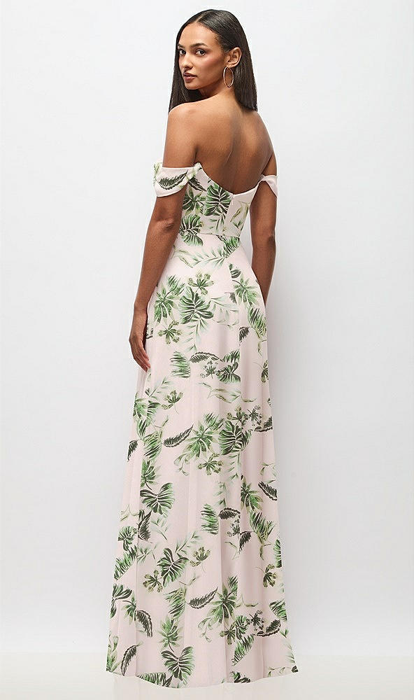 Back View - Palm Beach Print Off-the-Shoulder Basque Neck Maxi Dress with Flounce Sleeves