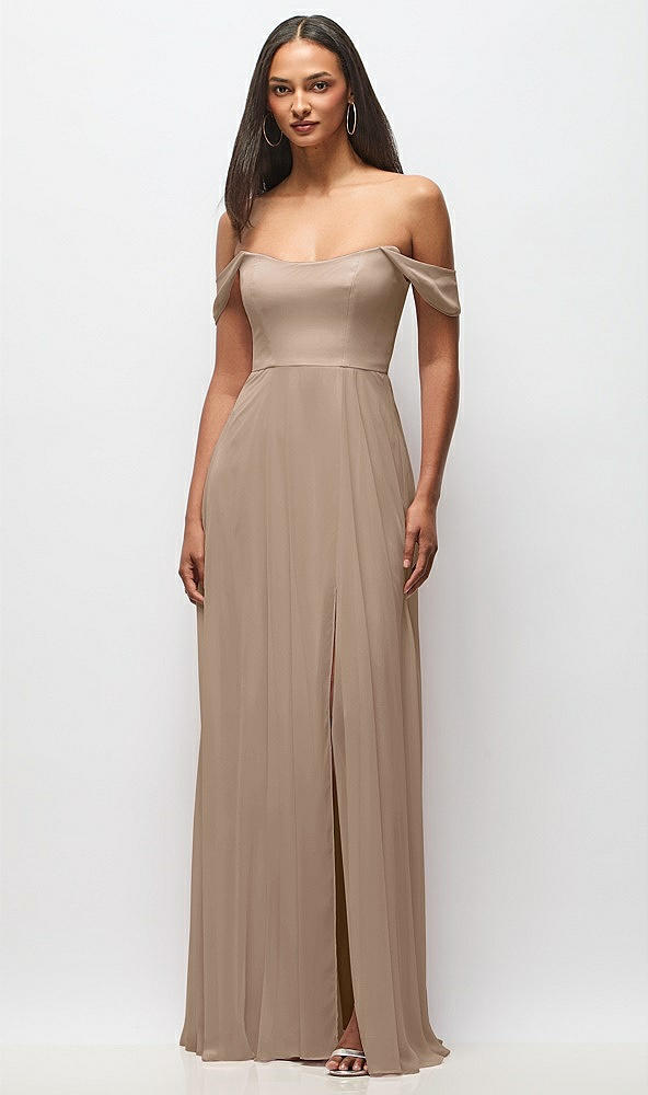 Front View - Topaz Off-the-Shoulder Basque Neck Maxi Dress with Flounce Sleeves