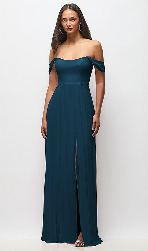 Front View - Atlantic Blue Off-the-Shoulder Basque Neck Maxi Dress with Flounce Sleeves