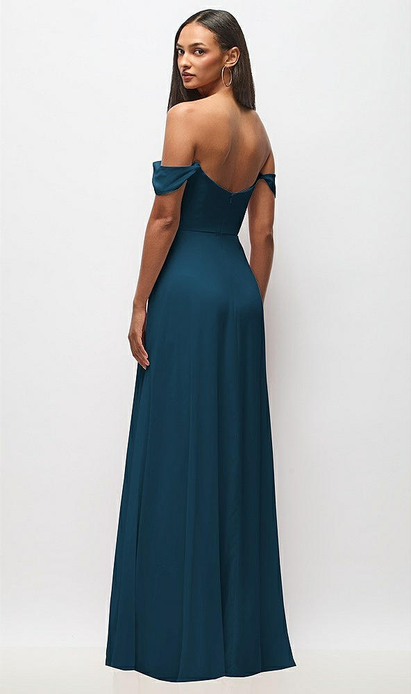 Back View - Atlantic Blue Off-the-Shoulder Basque Neck Maxi Dress with Flounce Sleeves