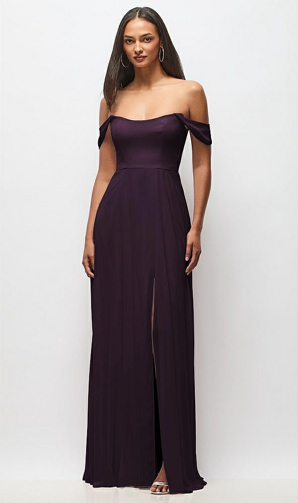 Front View - Aubergine Off-the-Shoulder Basque Neck Maxi Dress with Flounce Sleeves