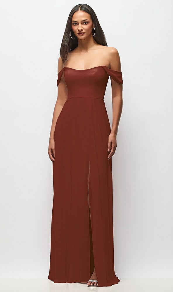 Front View - Auburn Moon Off-the-Shoulder Basque Neck Maxi Dress with Flounce Sleeves