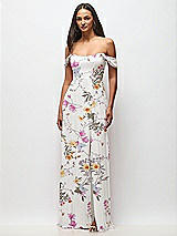 Front View Thumbnail - Butterfly Botanica Ivory Off-the-Shoulder Basque Neck Maxi Dress with Flounce Sleeves