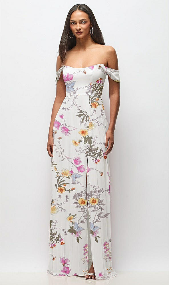 Front View - Butterfly Botanica Ivory Off-the-Shoulder Basque Neck Maxi Dress with Flounce Sleeves