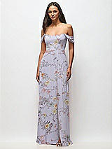 Front View Thumbnail - Butterfly Botanica Silver Dove Off-the-Shoulder Basque Neck Maxi Dress with Flounce Sleeves