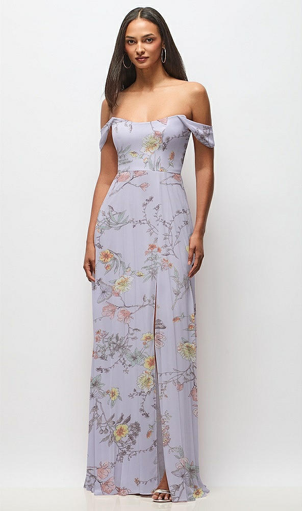Front View - Butterfly Botanica Silver Dove Off-the-Shoulder Basque Neck Maxi Dress with Flounce Sleeves