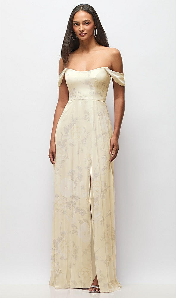 Front View - Butter Yellow Floral Off-the-Shoulder Basque Neck Maxi Dress with Flounce Sleeves