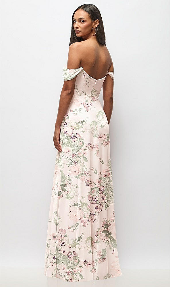 Back View - Blush Garden Off-the-Shoulder Basque Neck Maxi Dress with Flounce Sleeves