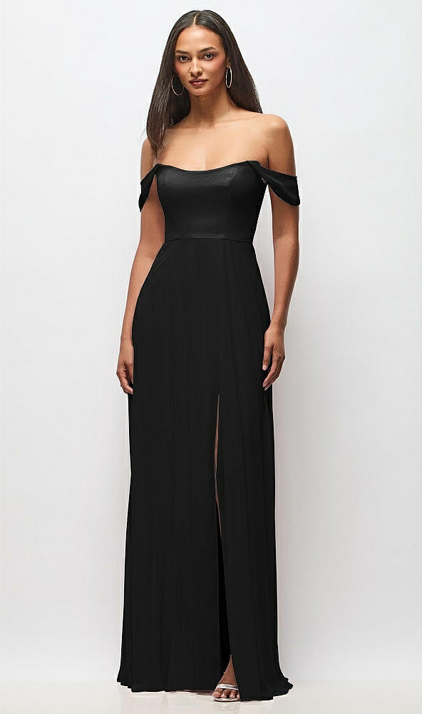 Front View - Black Off-the-Shoulder Basque Neck Maxi Dress with Flounce Sleeves