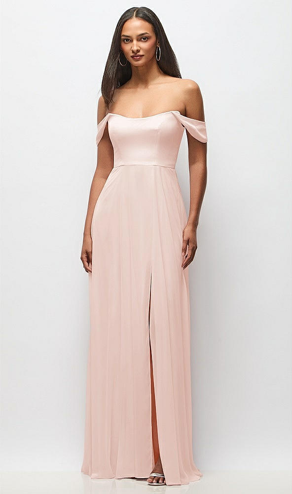 Front View - Blush Off-the-Shoulder Basque Neck Maxi Dress with Flounce Sleeves