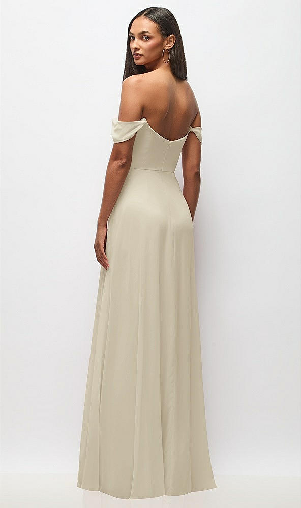 Back View - Champagne Off-the-Shoulder Basque Neck Maxi Dress with Flounce Sleeves