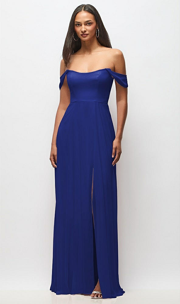 Front View - Cobalt Blue Off-the-Shoulder Basque Neck Maxi Dress with Flounce Sleeves