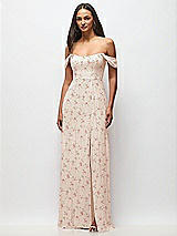 Front View Thumbnail - Coquette Floral Print Off-the-Shoulder Basque Neck Maxi Dress with Flounce Sleeves