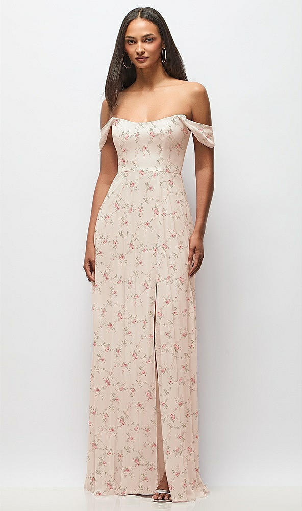 Front View - Coquette Floral Print Off-the-Shoulder Basque Neck Maxi Dress with Flounce Sleeves