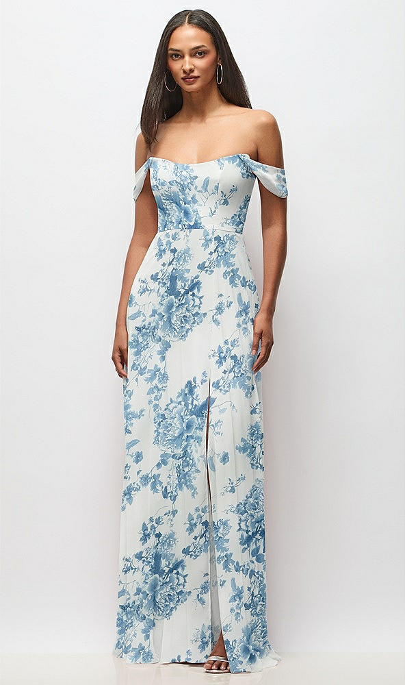 Front View - Cottage Rose Dusk Blue Off-the-Shoulder Basque Neck Maxi Dress with Flounce Sleeves