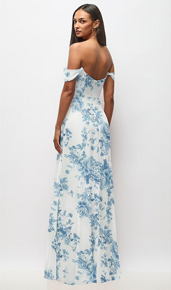 Back View - Cottage Rose Dusk Blue Off-the-Shoulder Basque Neck Maxi Dress with Flounce Sleeves