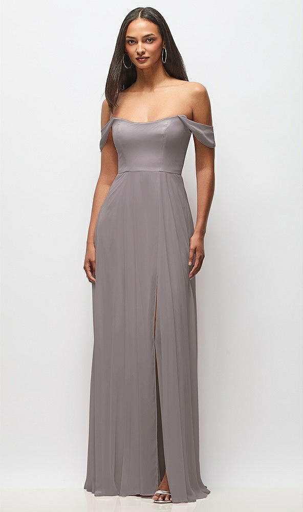 Front View - Cashmere Gray Off-the-Shoulder Basque Neck Maxi Dress with Flounce Sleeves