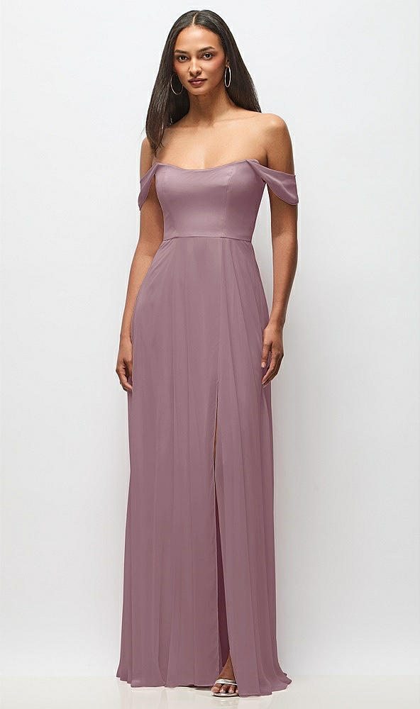 Front View - Dusty Rose Off-the-Shoulder Basque Neck Maxi Dress with Flounce Sleeves