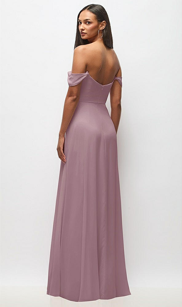 Back View - Dusty Rose Off-the-Shoulder Basque Neck Maxi Dress with Flounce Sleeves