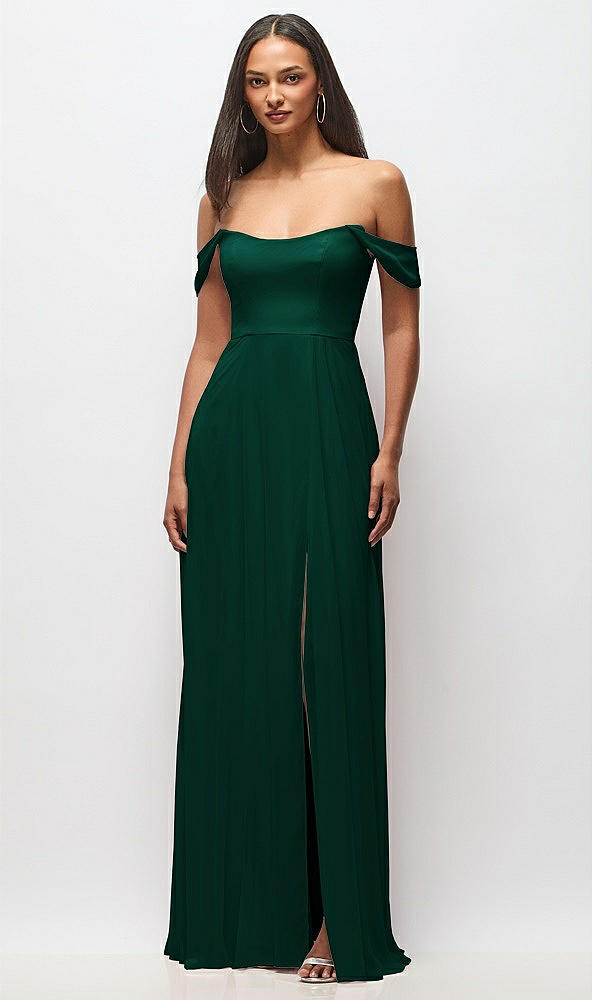 Front View - Hunter Green Off-the-Shoulder Basque Neck Maxi Dress with Flounce Sleeves