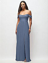 Front View Thumbnail - Larkspur Blue Off-the-Shoulder Basque Neck Maxi Dress with Flounce Sleeves