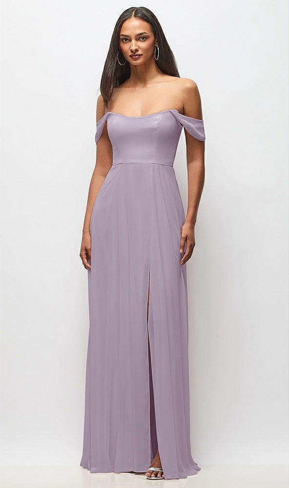 Front View - Lilac Haze Off-the-Shoulder Basque Neck Maxi Dress with Flounce Sleeves