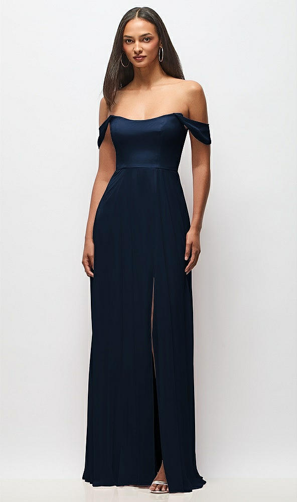 Front View - Midnight Navy Off-the-Shoulder Basque Neck Maxi Dress with Flounce Sleeves