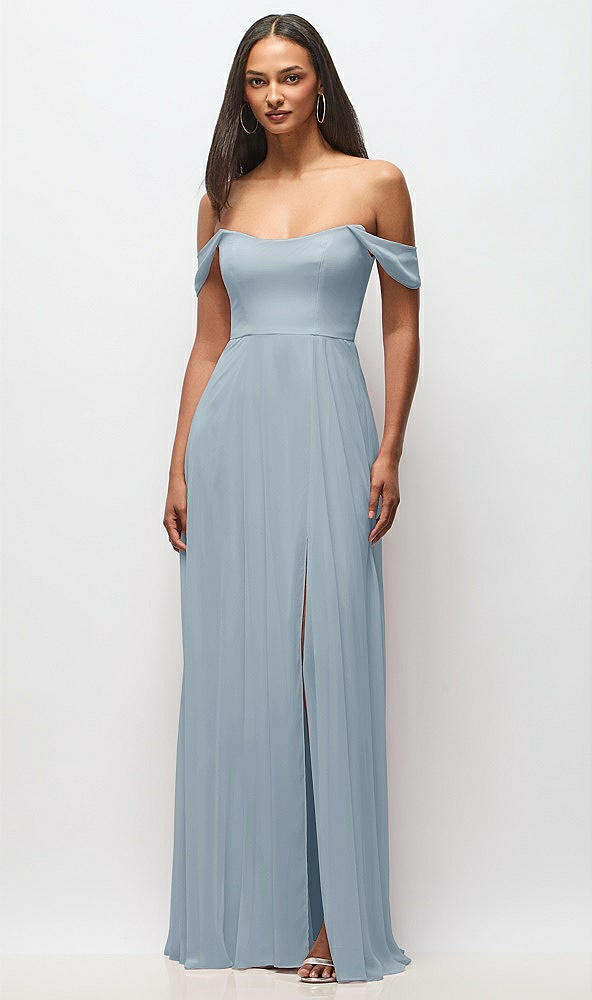 Front View - Mist Off-the-Shoulder Basque Neck Maxi Dress with Flounce Sleeves